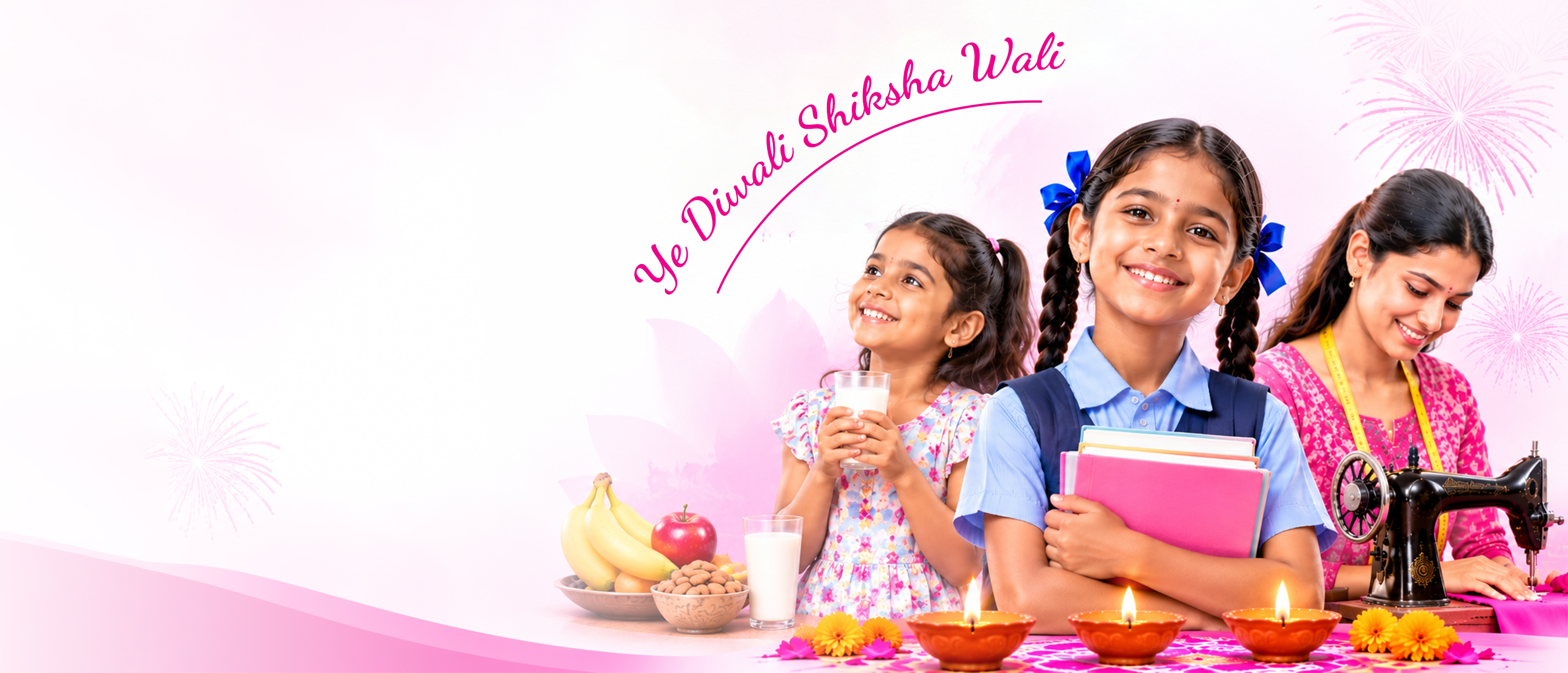Diwali celebration with a schoolgirl holding books, a child with a glass of milk, a woman stitching on a sewing machine and lit diyas