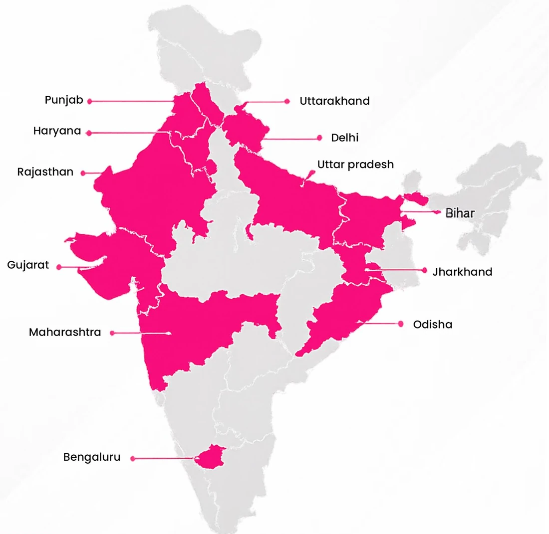 Map of India with the 12 states where Shiksha Seva Foundation works highlighted: Punjab, Haryana, Delhi, Uttarakhand, Uttar Pradesh, Rajasthan, Bihar, Jharkhand, Odisha, Gujarat, Maharashtra and Karnataka
